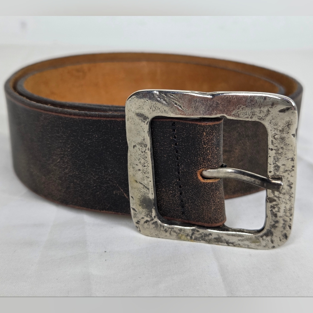Garuglieri Size M/36" Mens Classic Brown Leather Belt with Hamered Silver Buckle